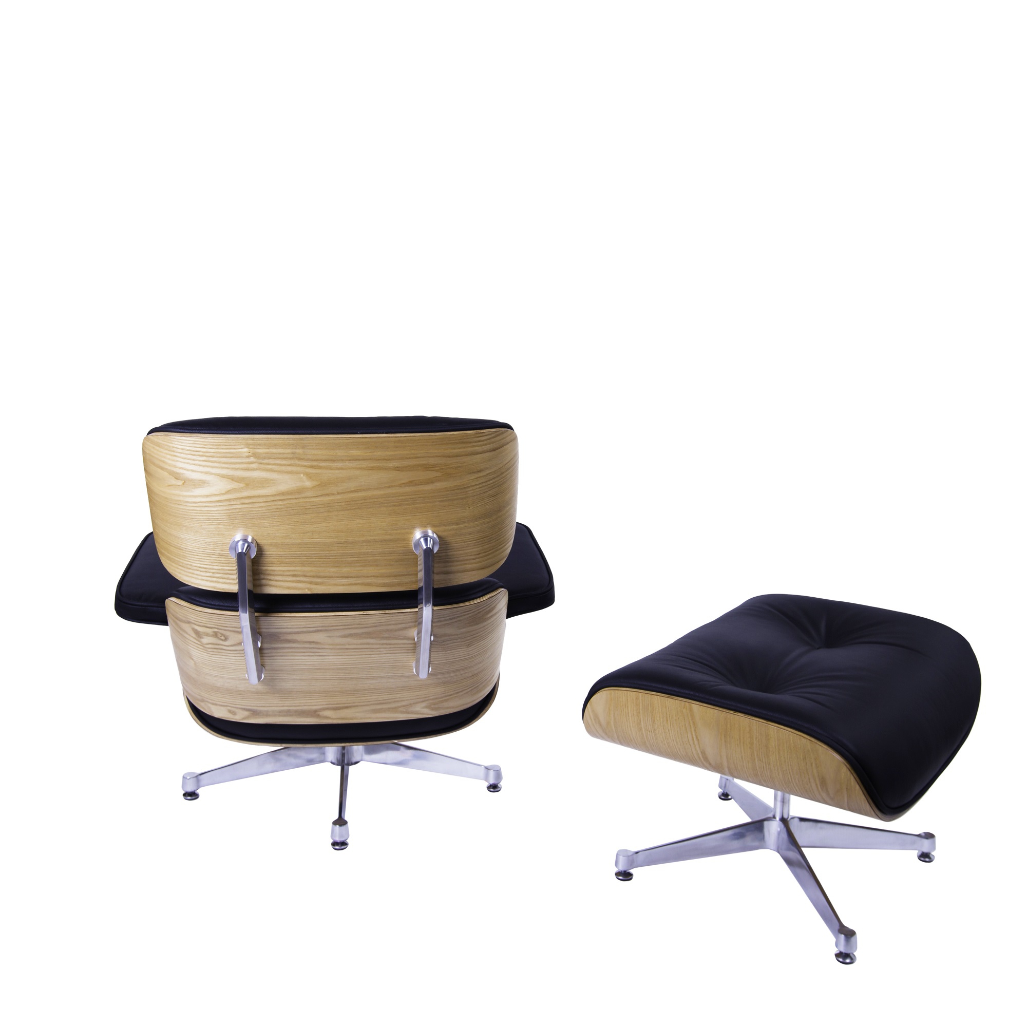 Charles Eames style, Krzeslo pokladowe z taboretem EA670 czarny jesion Polerowana podstawa