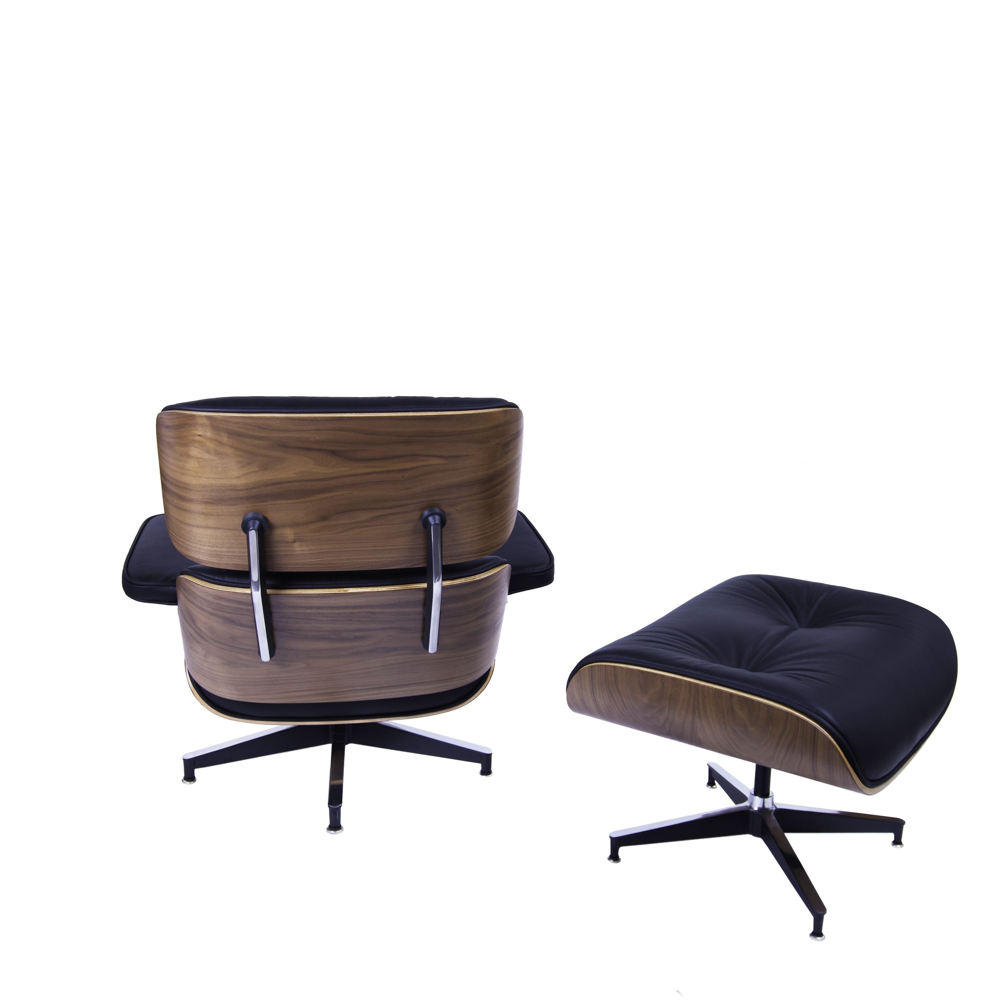 Charles Eames style, Krzeslo pokladowe z taboretem EA670 czarny Orzech wloski Czarna podstawa