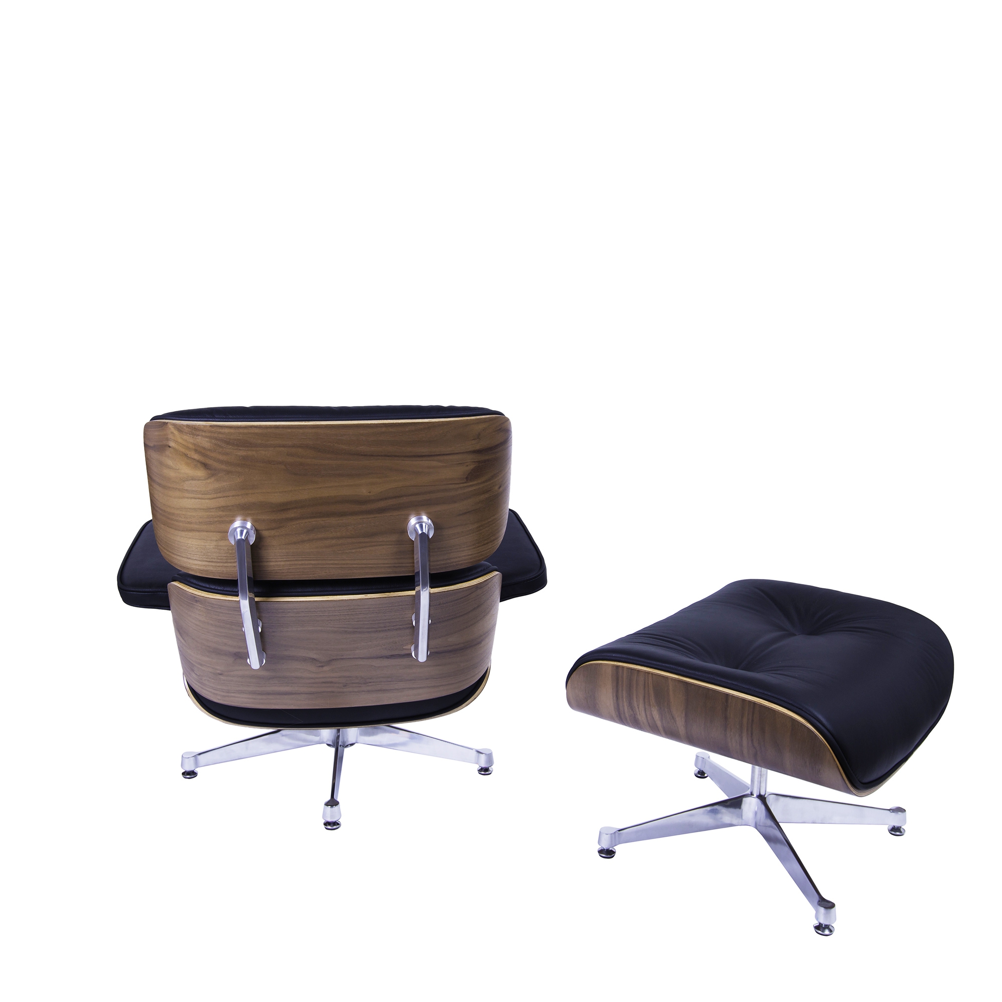 Charles Eames style, Krzeslo pokladowe z taboretem EA670 XL czarny Orzech wloski Polerowana podstawa
