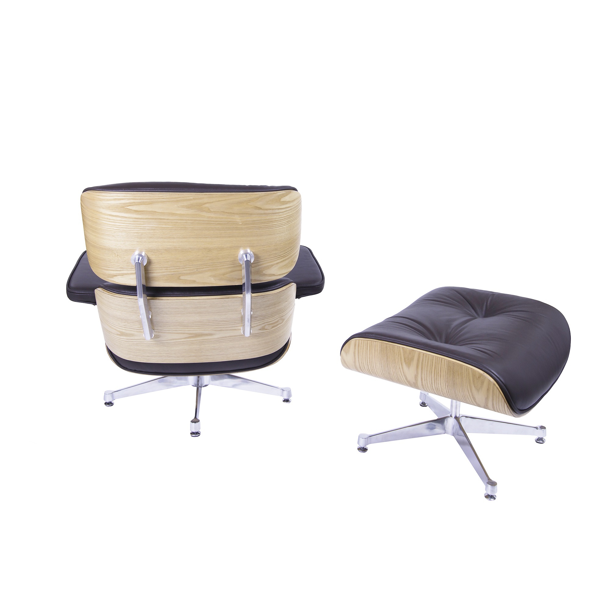 Charles Eames style, Krzeslo pokladowe z taboretem EA670 brazowy jesion Polerowana podstawa