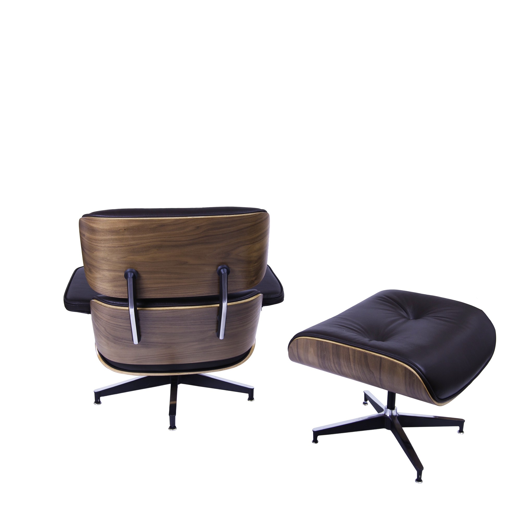 Charles Eames style, Krzeslo pokladowe z taboretem EA670 XL brazowy Orzech wloski Czarna podstawa