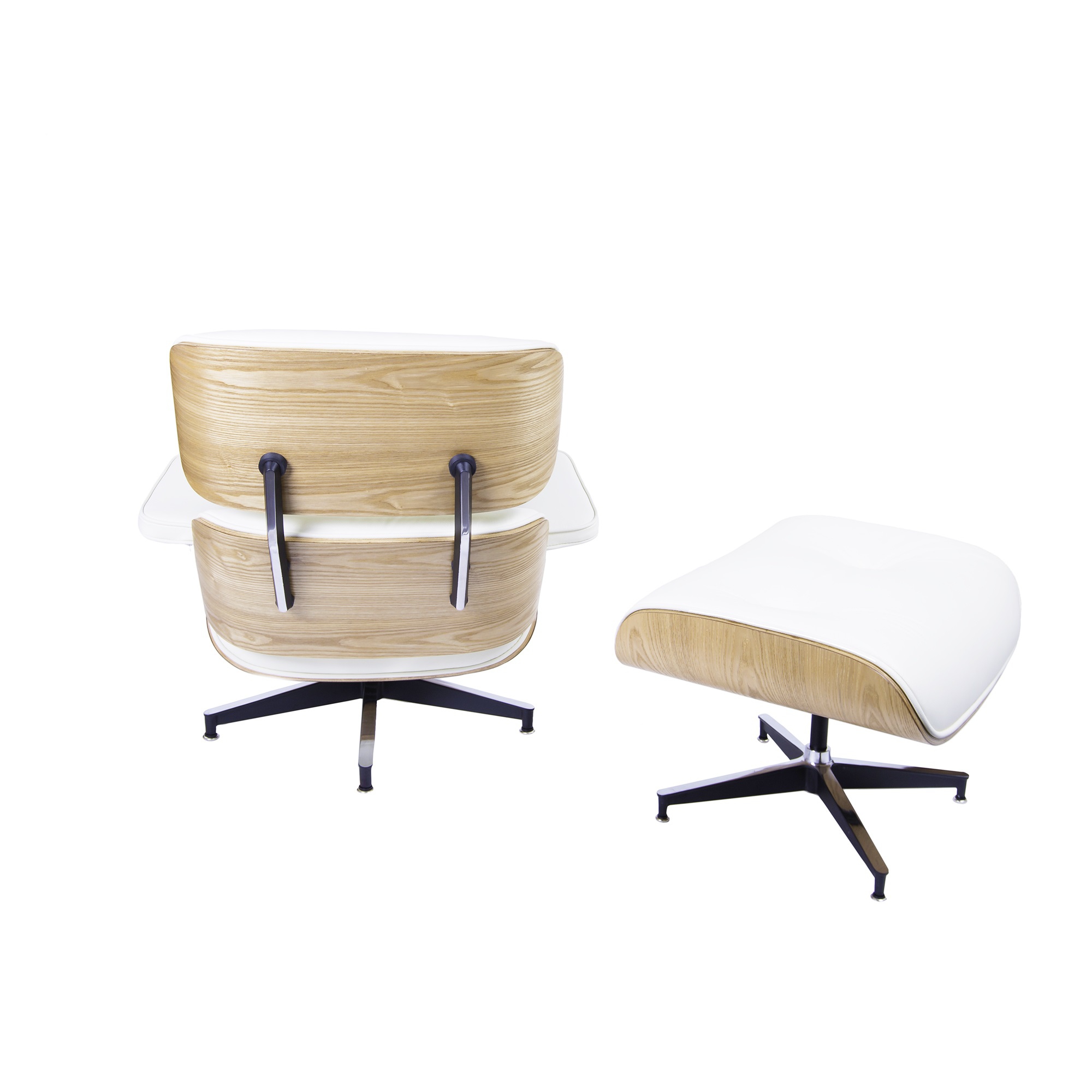 Charles Eames style, Krzeslo pokladowe z taboretem EA670 smietana jesion Czarna podstawa