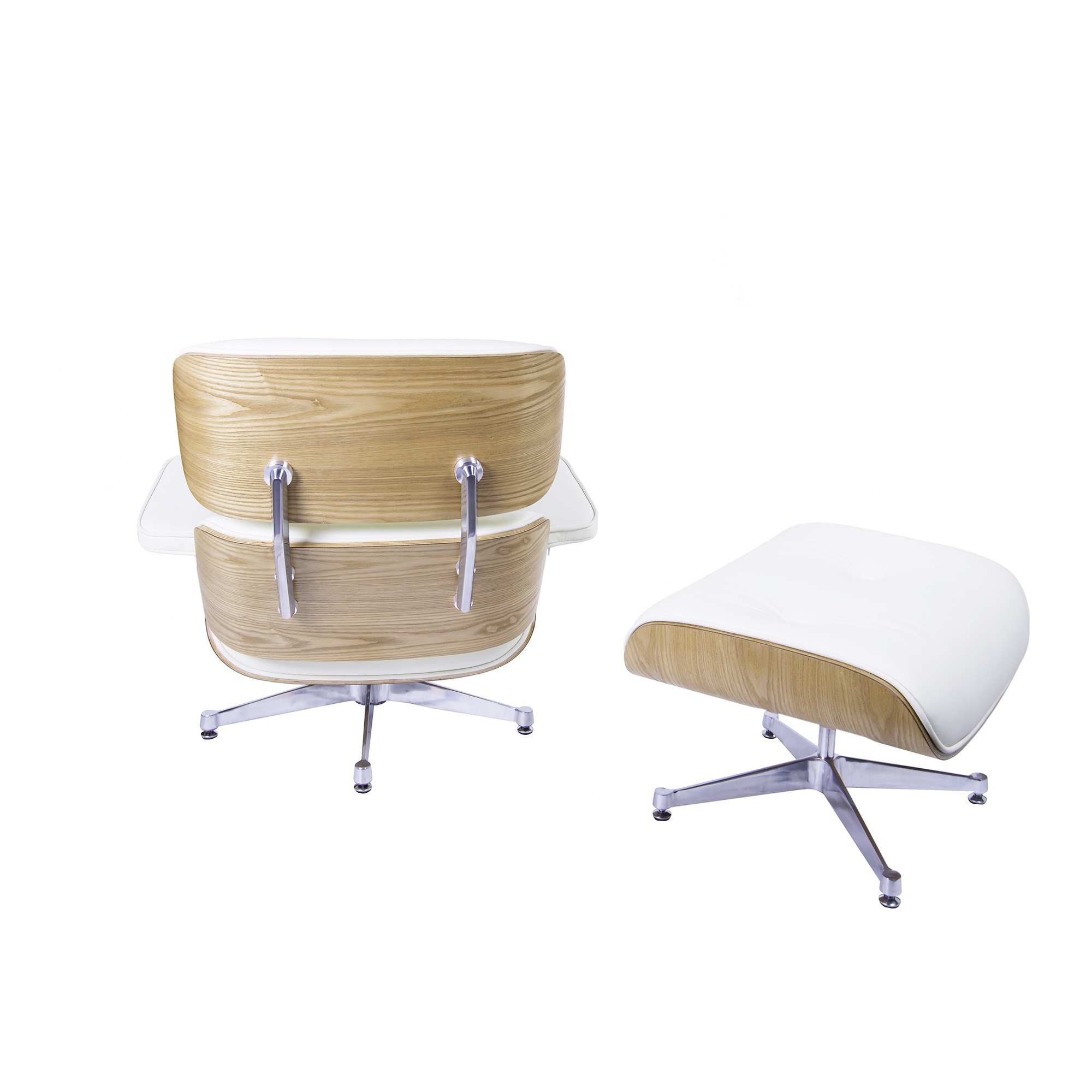 Charles Eames style, Krzeslo pokladowe z taboretem EA670 smietana jesion Polerowana podstawa