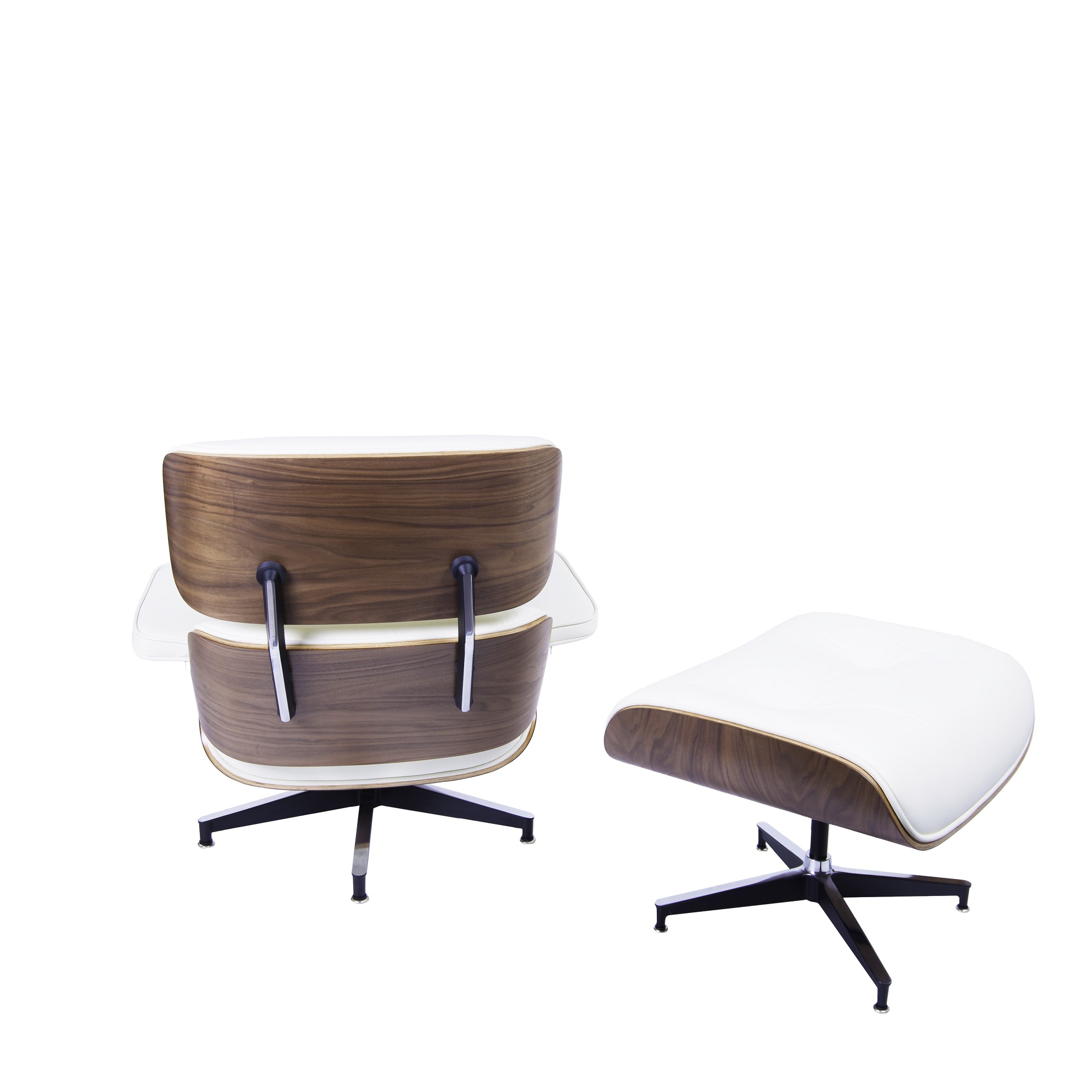 Charles Eames style, Krzeslo pokladowe z taboretem EA670 smietana Orzech wloski Czarna podstawa