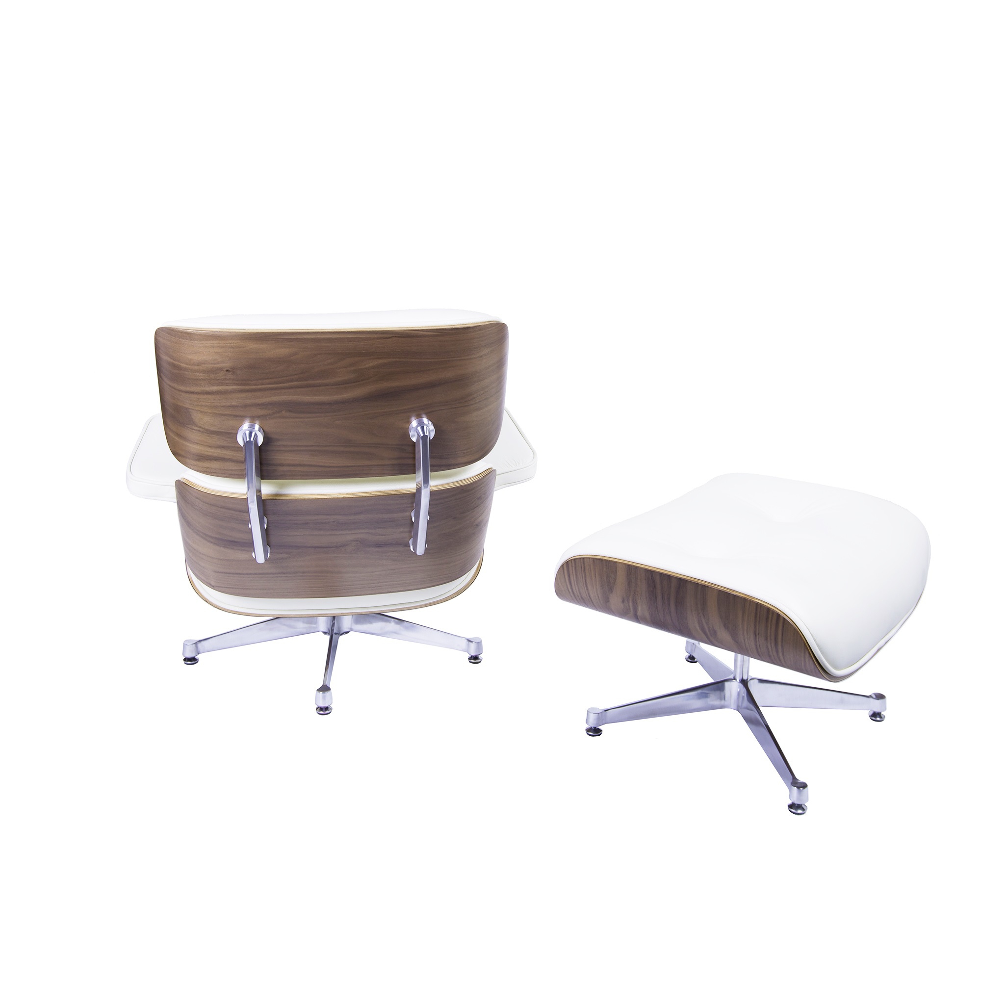 Charles Eames style, Krzeslo pokladowe z taboretem EA670 smietana Orzech wloski Polerowana podstawa