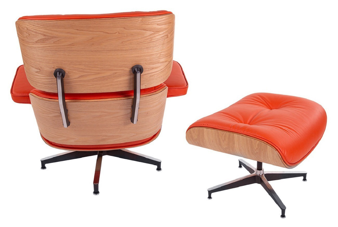 Charles Eames style, Krzeslo pokladowe z taboretem EA670 SPECIAL EDITION czerwony jesion Czarna podstawa
