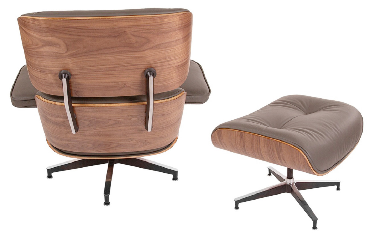 Charles Eames style, Krzeslo pokladowe z taboretem EA670 SPECIAL EDITION ciemno szary Orzech wloski Czarna podstawa