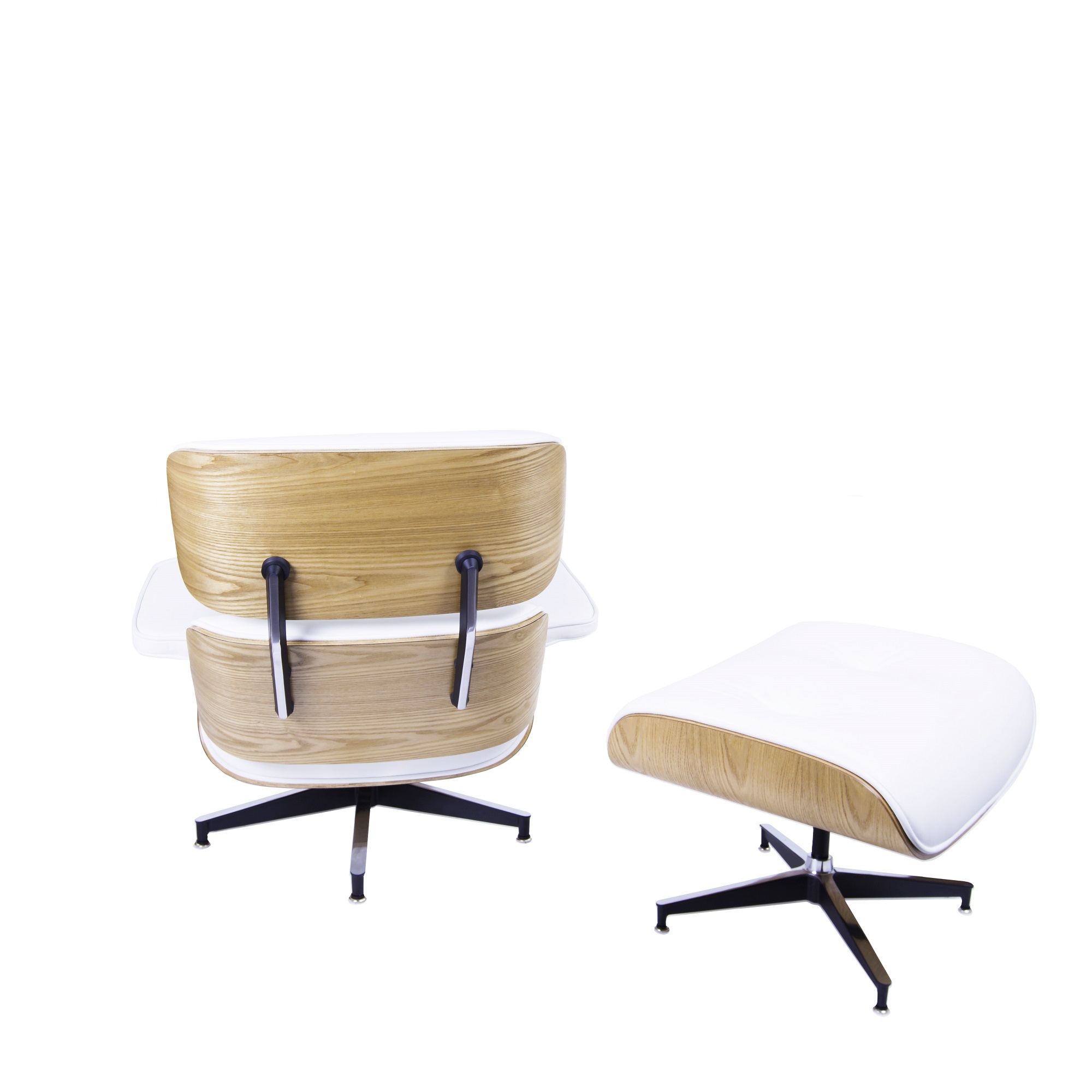 Charles Eames style, Krzeslo pokladowe z taboretem EA670 bialy jesion Czarna podstawa
