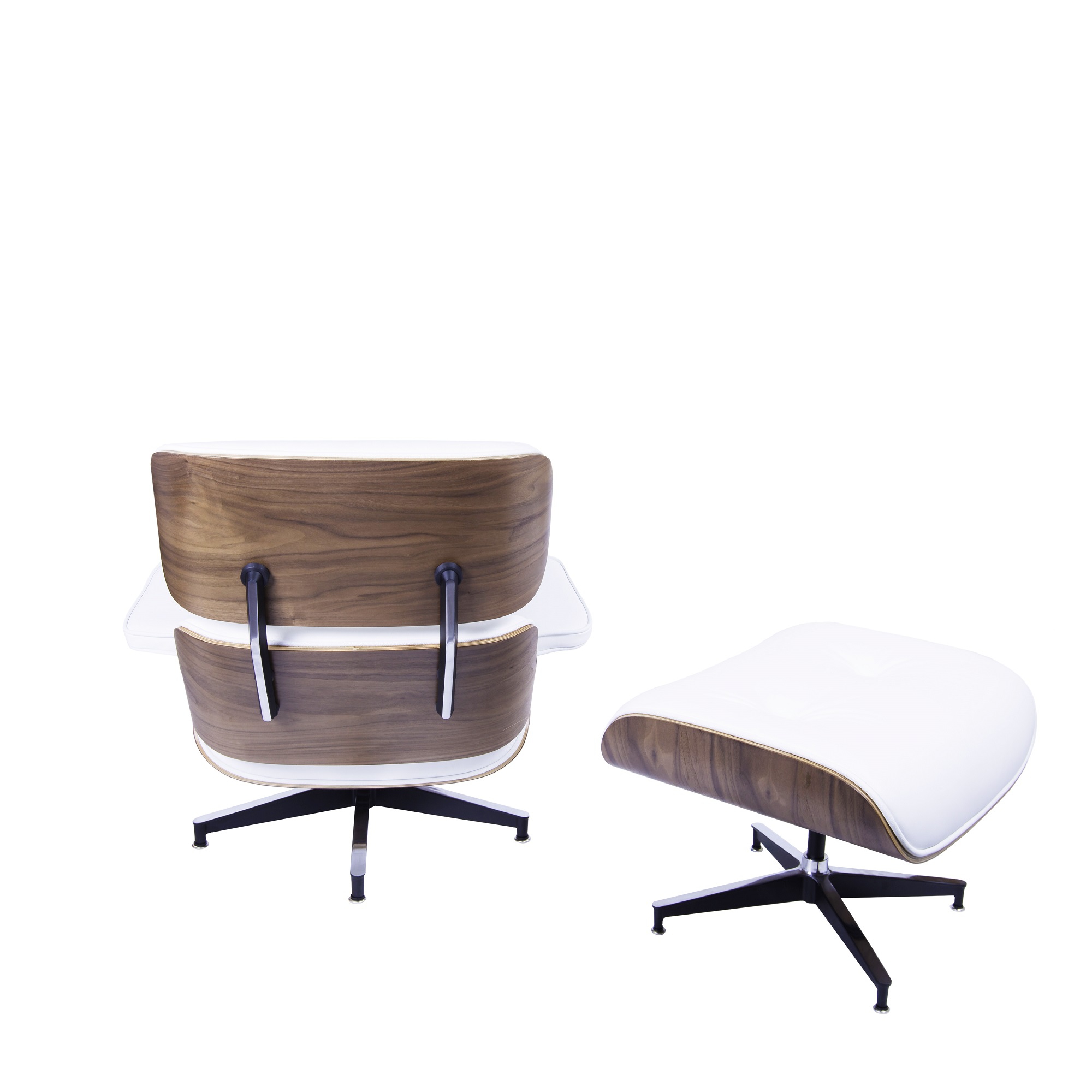 Charles Eames style, Krzeslo pokladowe z taboretem EA670 bialy Orzech wloski Czarna podstawa