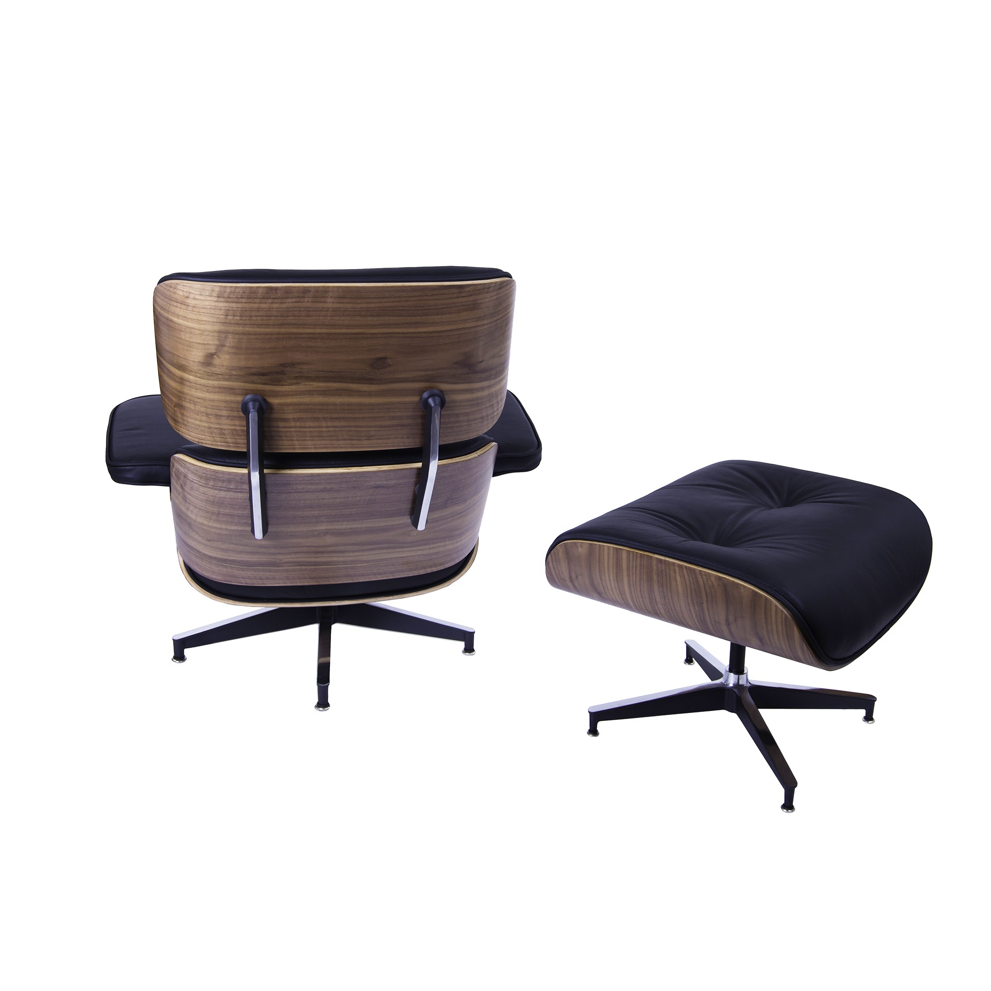 Charles Eames style, Krzeslo pokladowe z taboretem EA670 XL czarny Orzech wloski Czarna podstawa