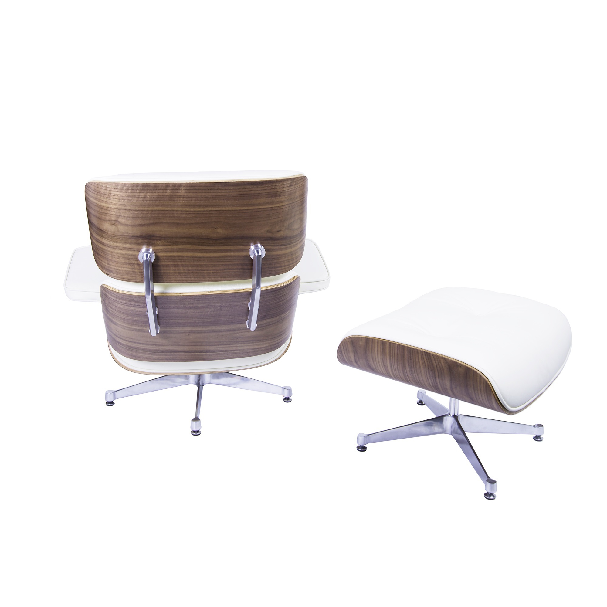 Charles Eames style, Krzeslo pokladowe z taboretem EA670 XL smietana Orzech wloski Polerowana podstawa