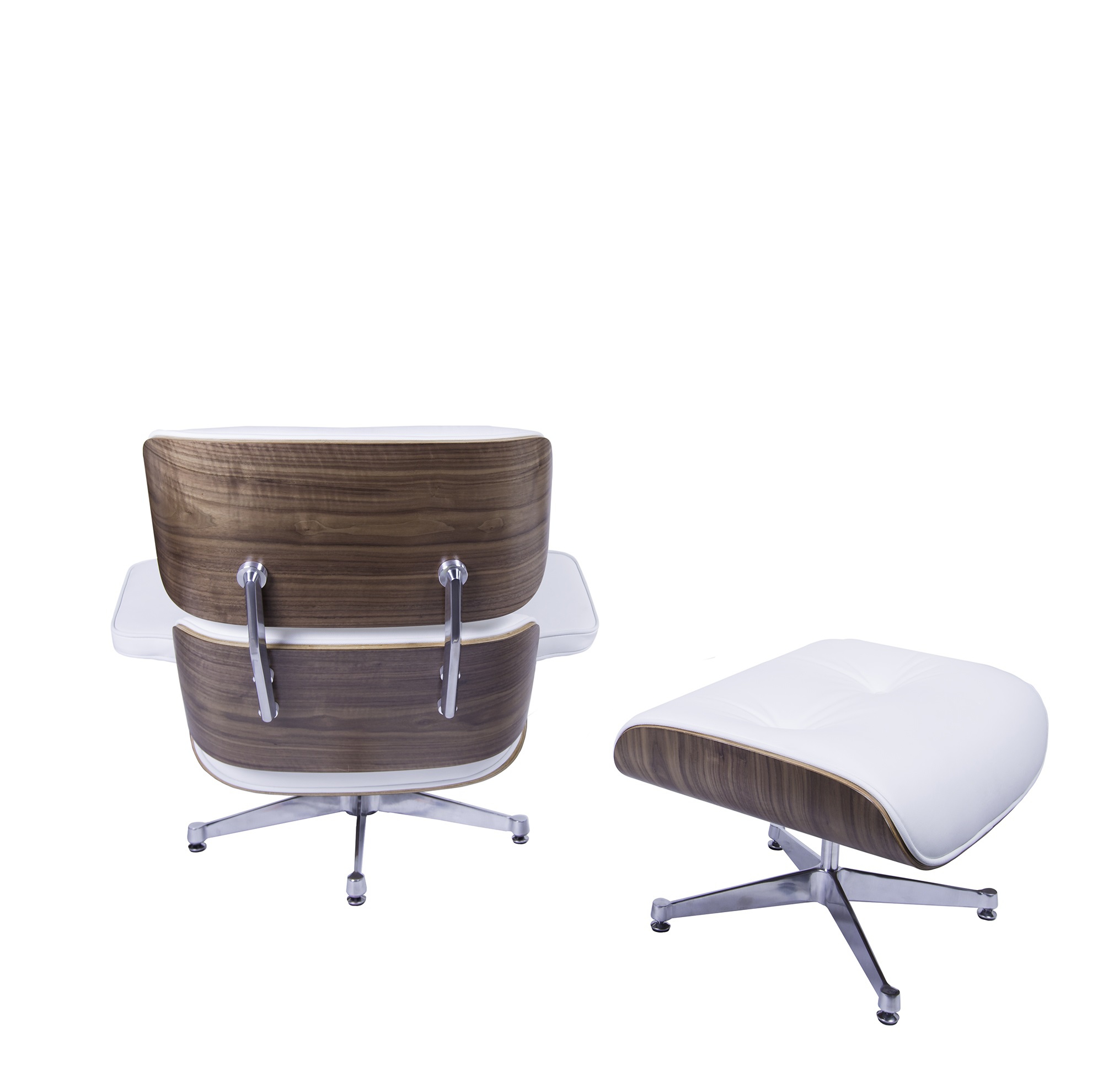 Charles Eames style, Krzeslo pokladowe z taboretem EA670 XL bialy Orzech wloski Polerowana podstawa